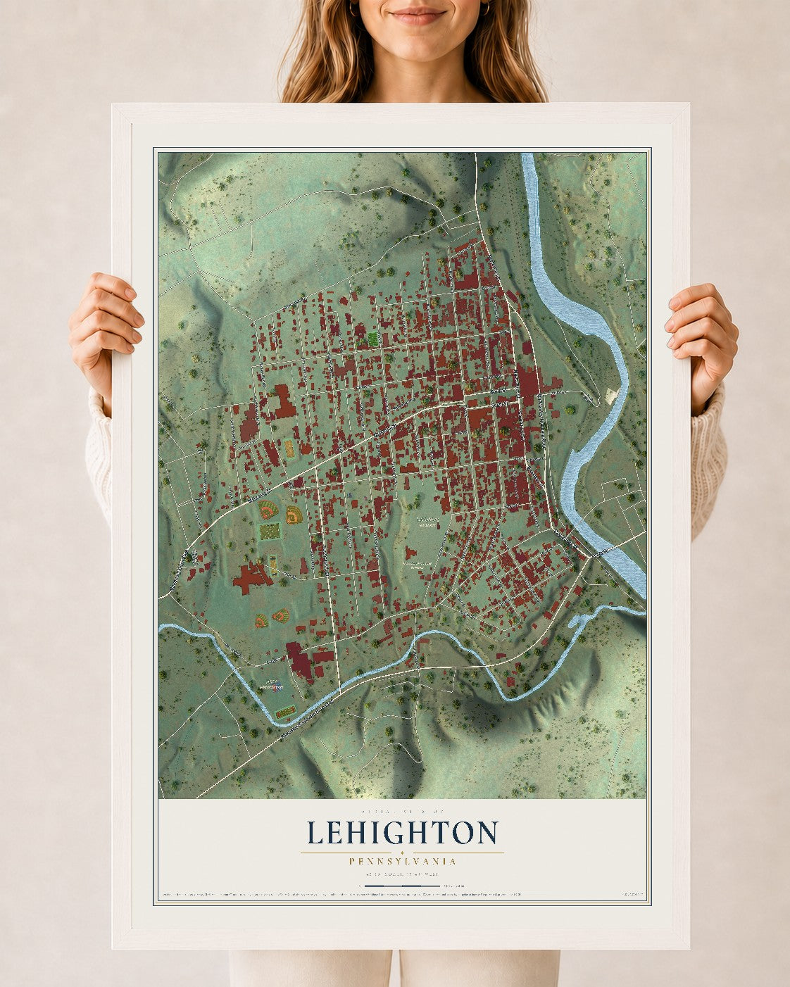 Map of Lehighton, Pennsylvania, 24 x 36 inch print in a white wood frame