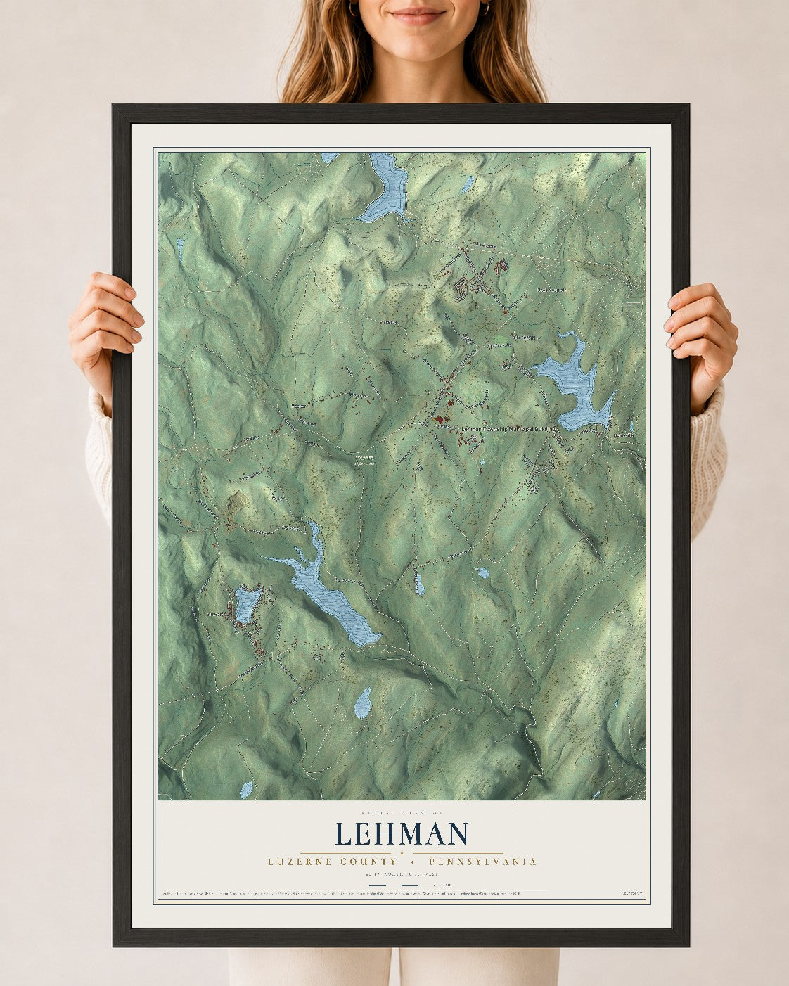 Map of Lehman, Luzerne County, Pennsylvania, 24 x 36 inch print in a black wood frame