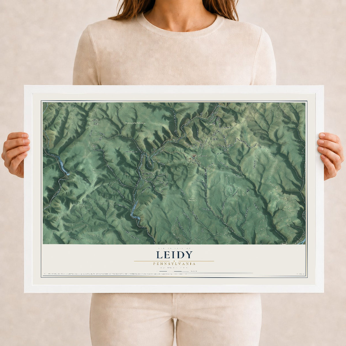 Map of Leidy, Pennsylvania, 12 x 18 inch print in a white wood frame