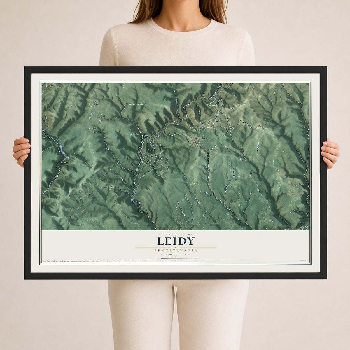 Map of Leidy, Pennsylvania, 24 x 36 inch print in a black wood frame