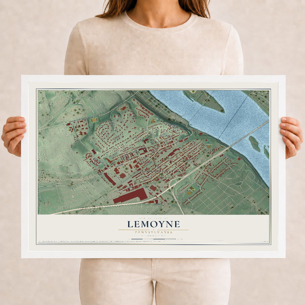 Map of Lemoyne, Pennsylvania, 12 x 18 inch print in a white wood frame