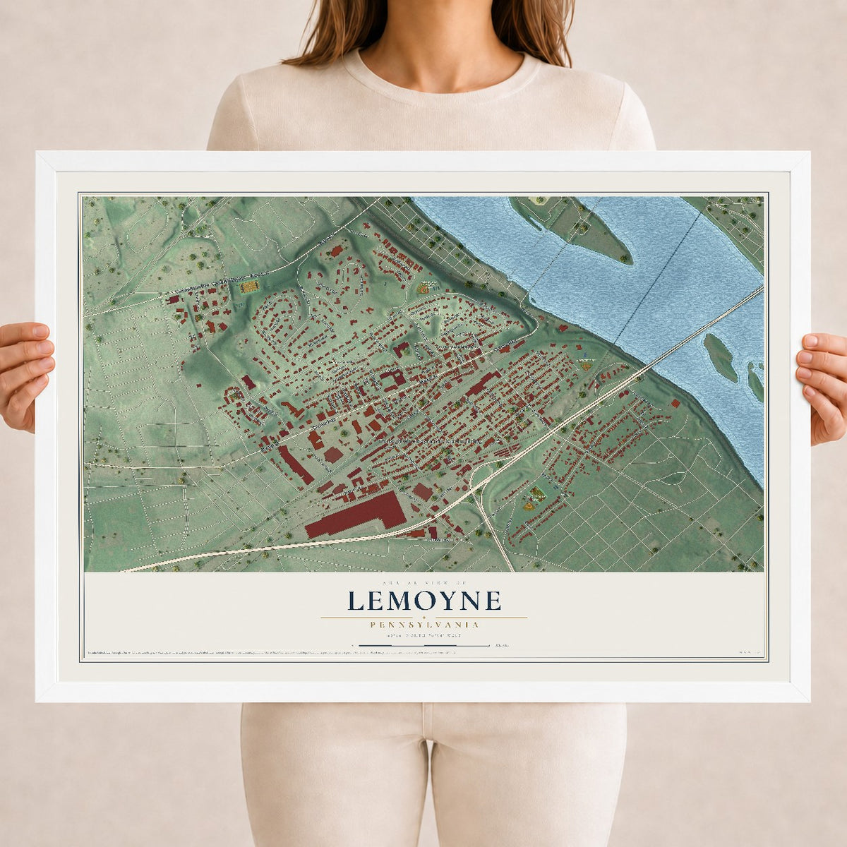 Map of Lemoyne, Pennsylvania, 18 x 24 inch print in a white wood frame