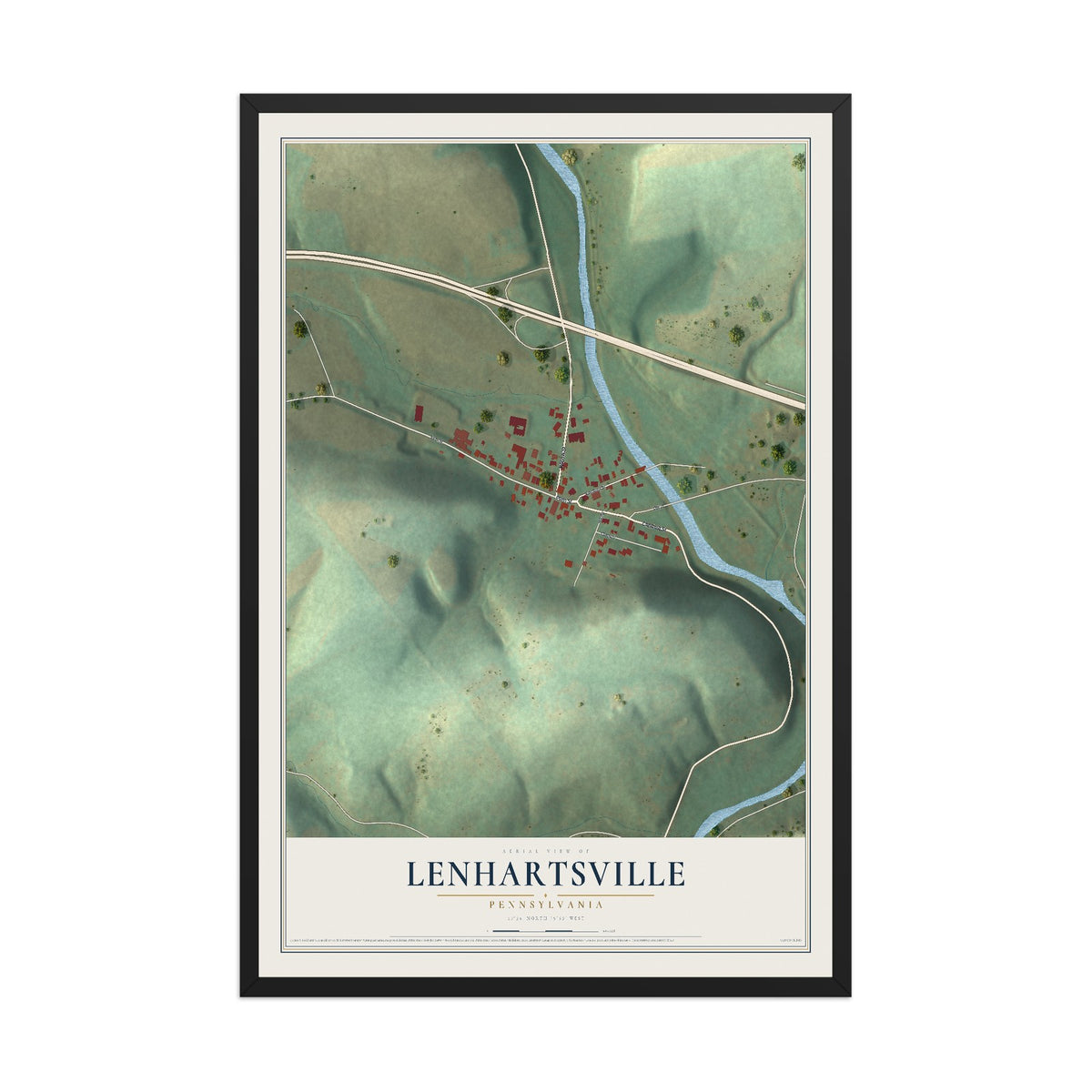 Map of Lenhartsville, Pennsylvania, 12 x 18 inch print in a black wood frame