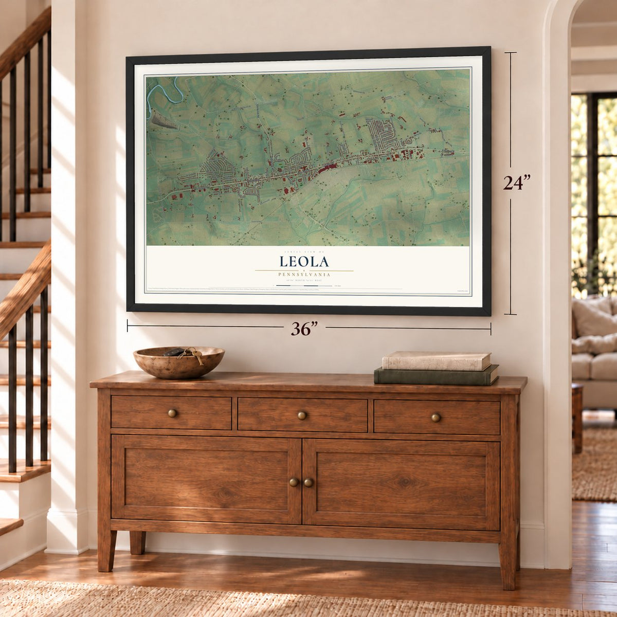 Leola, Pennsylvania map, 24 x 36 inch print in a black frame above a dresser by a staircase