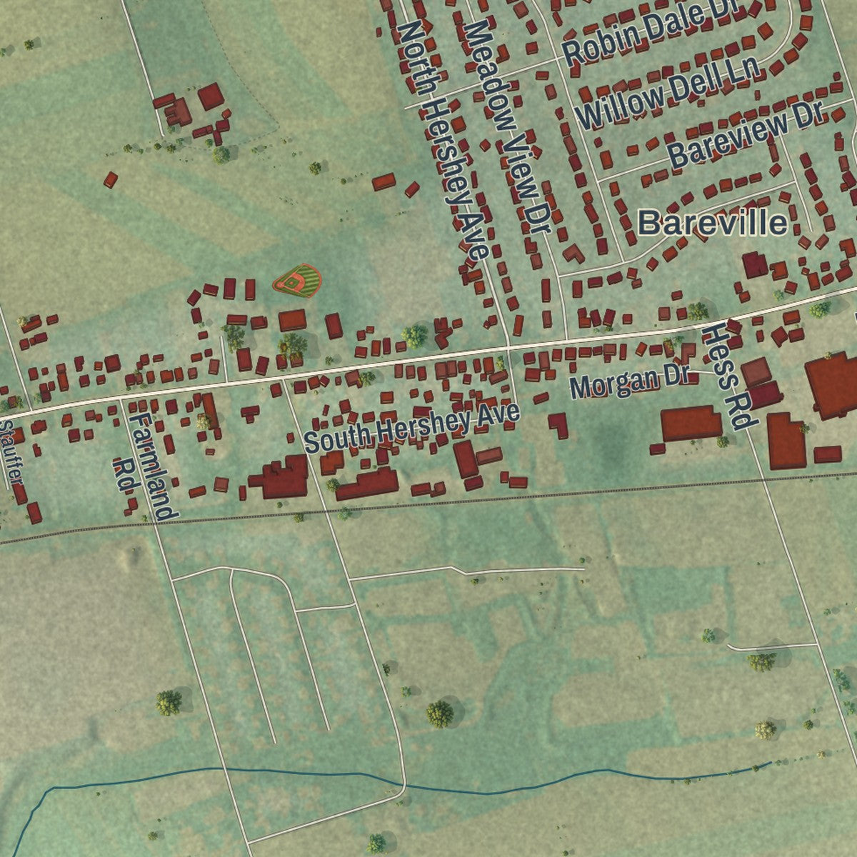 Close-up of the map of Leola, Pennsylvania print showing street and building detail