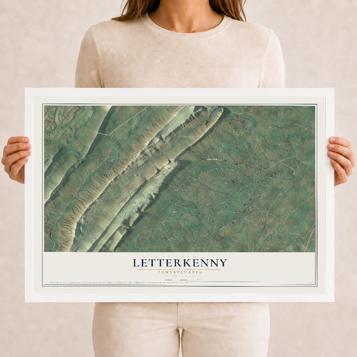 Map of Letterkenny, Pennsylvania, 12 x 18 inch print in a white wood frame