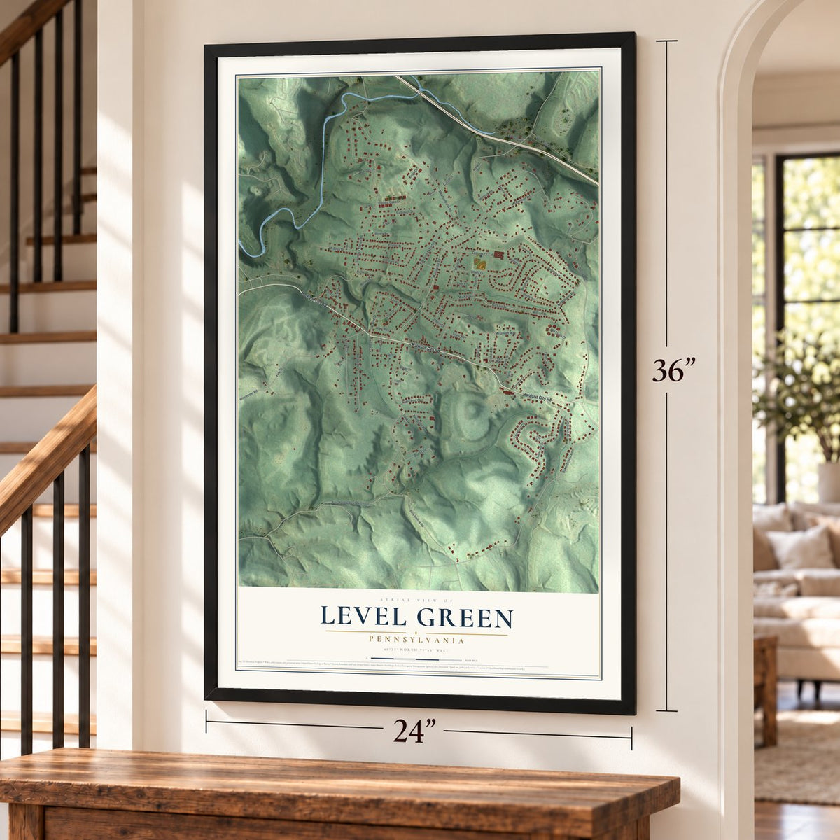 Level Green, Pennsylvania map, 24 x 36 inch print in a black frame by a staircase