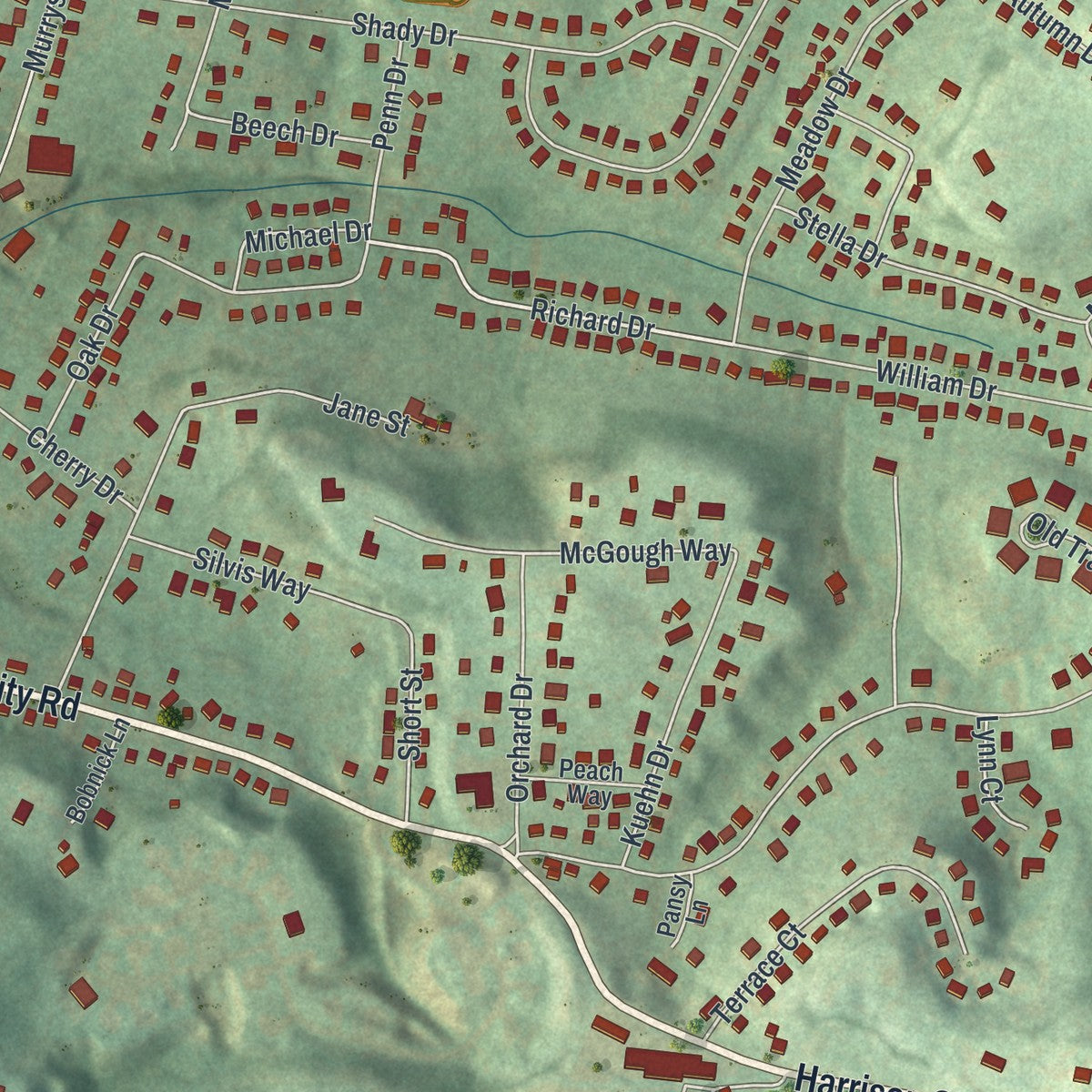 Close-up of the map of Level Green, Pennsylvania print showing street and building detail