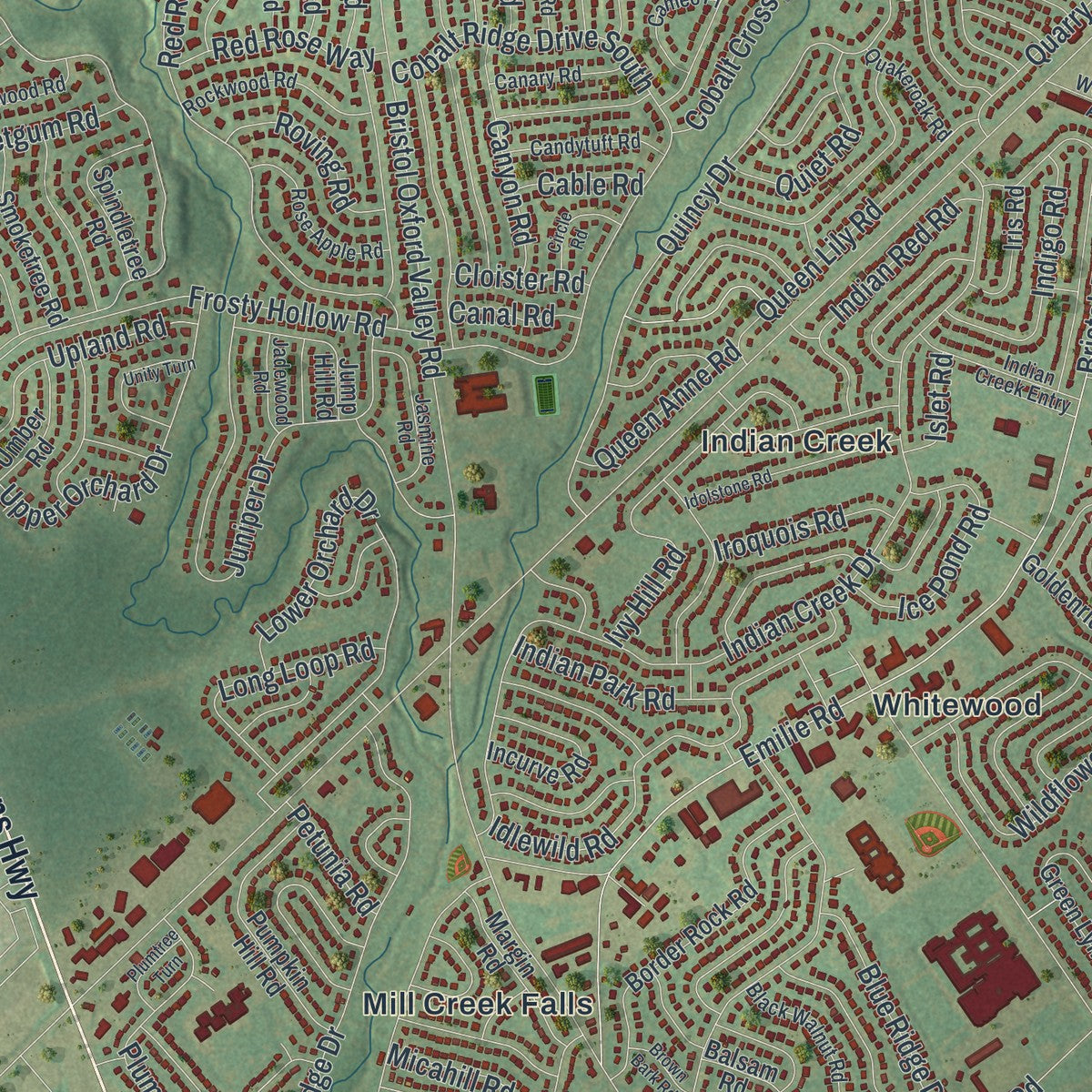 Second close-up of the map of Levittown, Pennsylvania print showing more streets and buildings