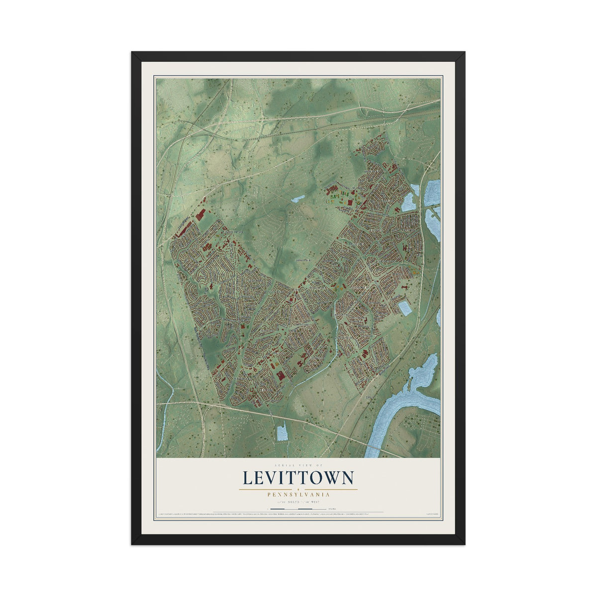 Map of Levittown, Pennsylvania, 12 x 18 inch print in a black wood frame