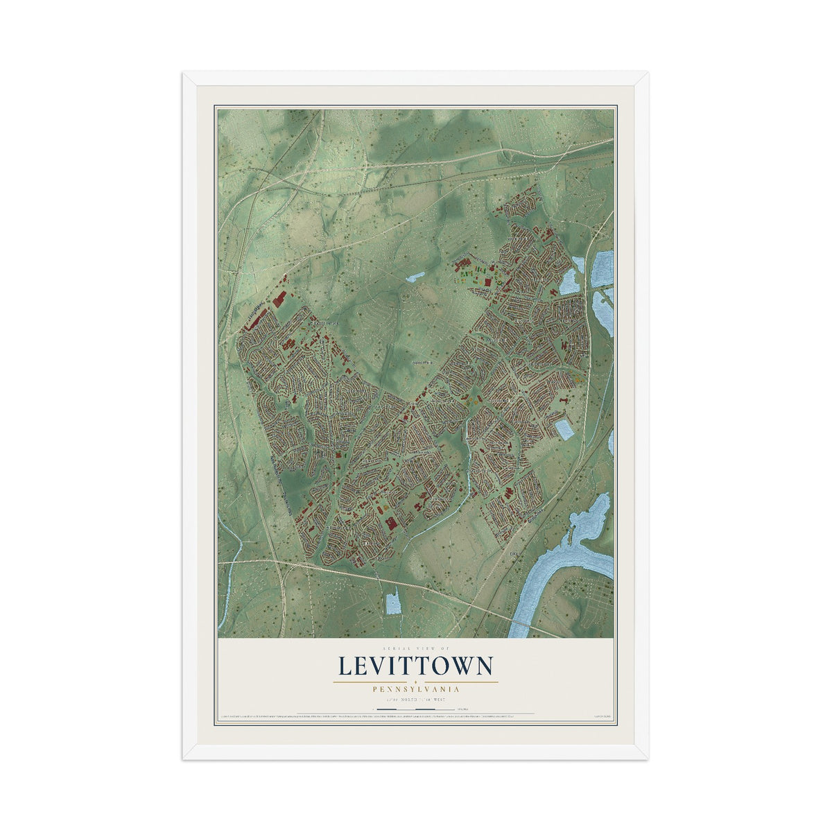 Map of Levittown, Pennsylvania, 12 x 18 inch print in a white wood frame