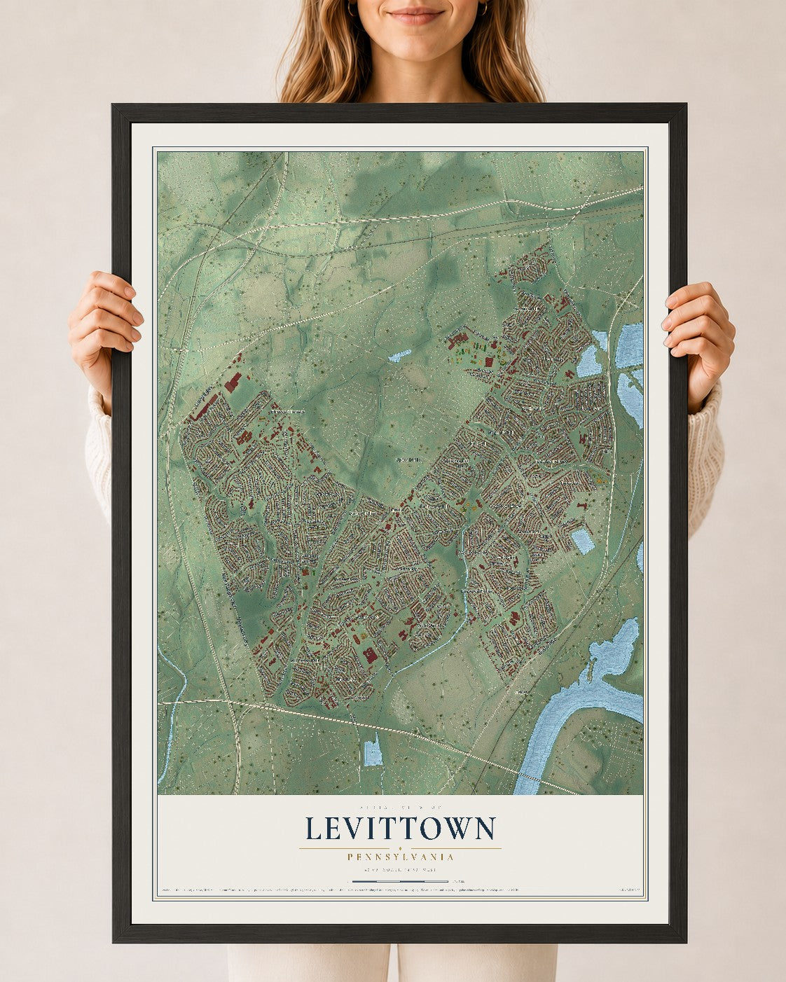 Map of Levittown, Pennsylvania, 24 x 36 inch print in a black wood frame
