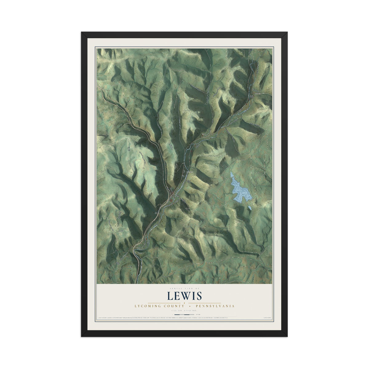 Map of Lewis, Lycoming County, Pennsylvania, 12 x 18 inch print in a black wood frame