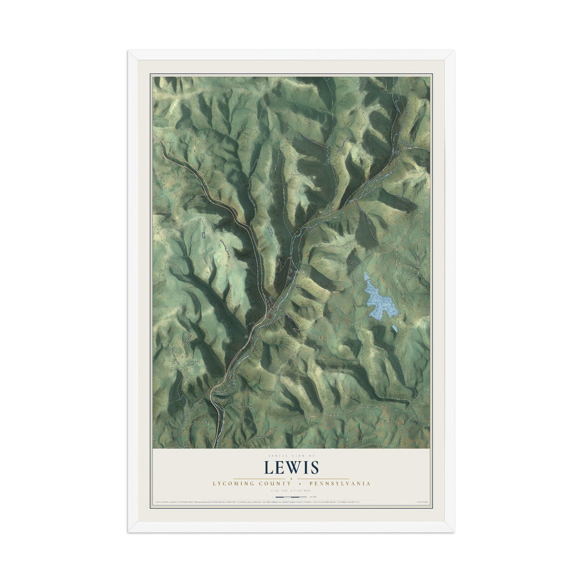 Map of Lewis, Lycoming County, Pennsylvania, 12 x 18 inch print in a white wood frame