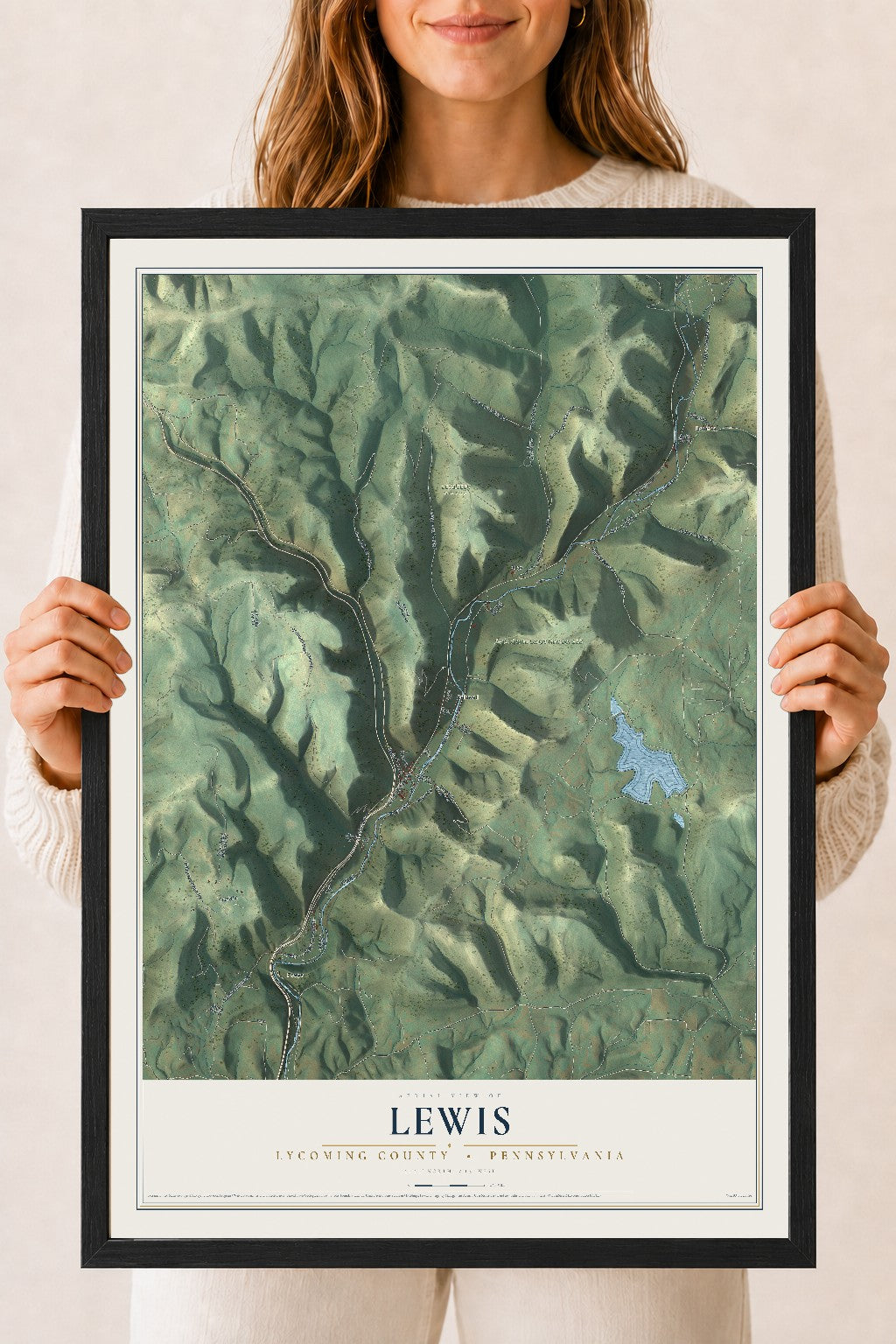 Map of Lewis, Lycoming County, Pennsylvania, 18 x 24 inch print in a black wood frame