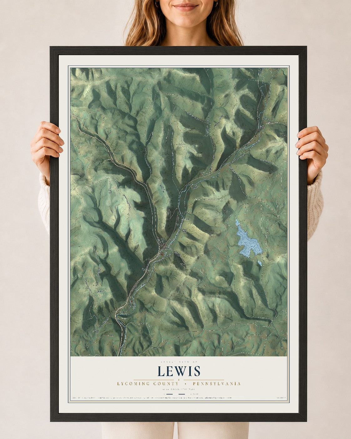 Map of Lewis, Lycoming County, Pennsylvania, 24 x 36 inch print in a black wood frame