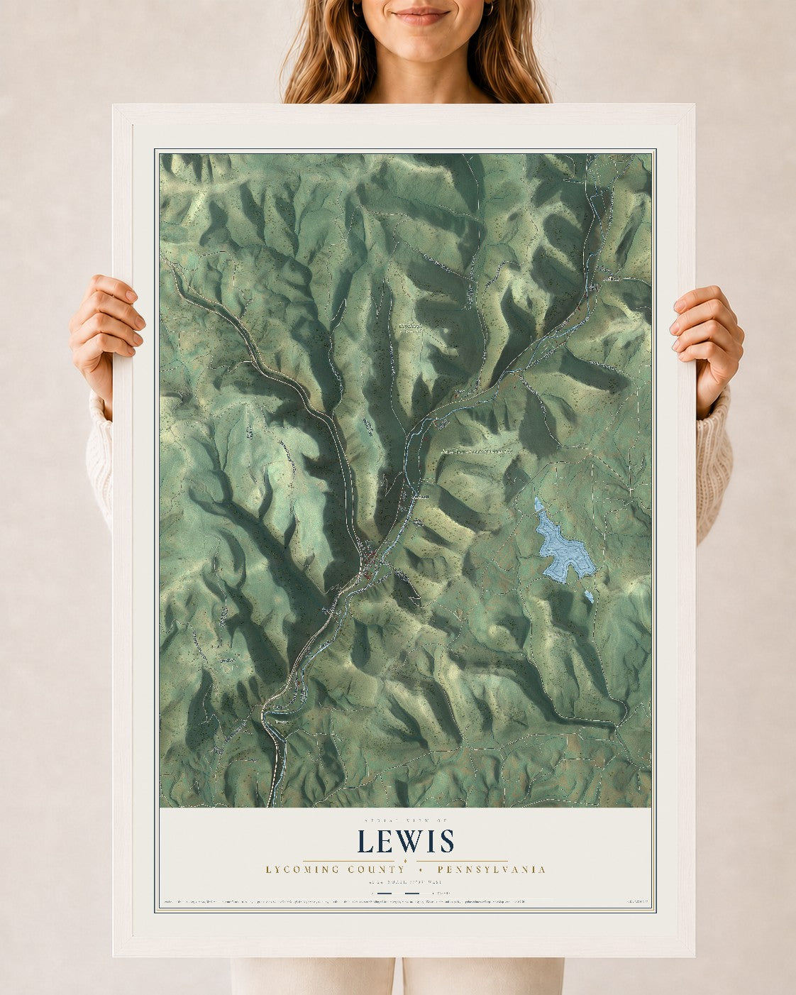Map of Lewis, Lycoming County, Pennsylvania, 24 x 36 inch print in a white wood frame