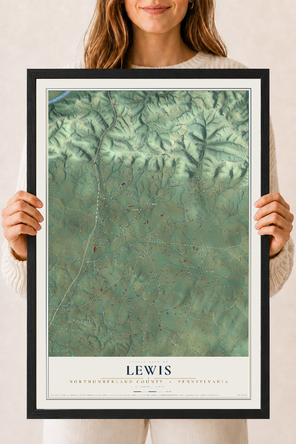 Map of Lewis, Northumberland County, Pennsylvania, 18 x 24 inch print in a black wood frame