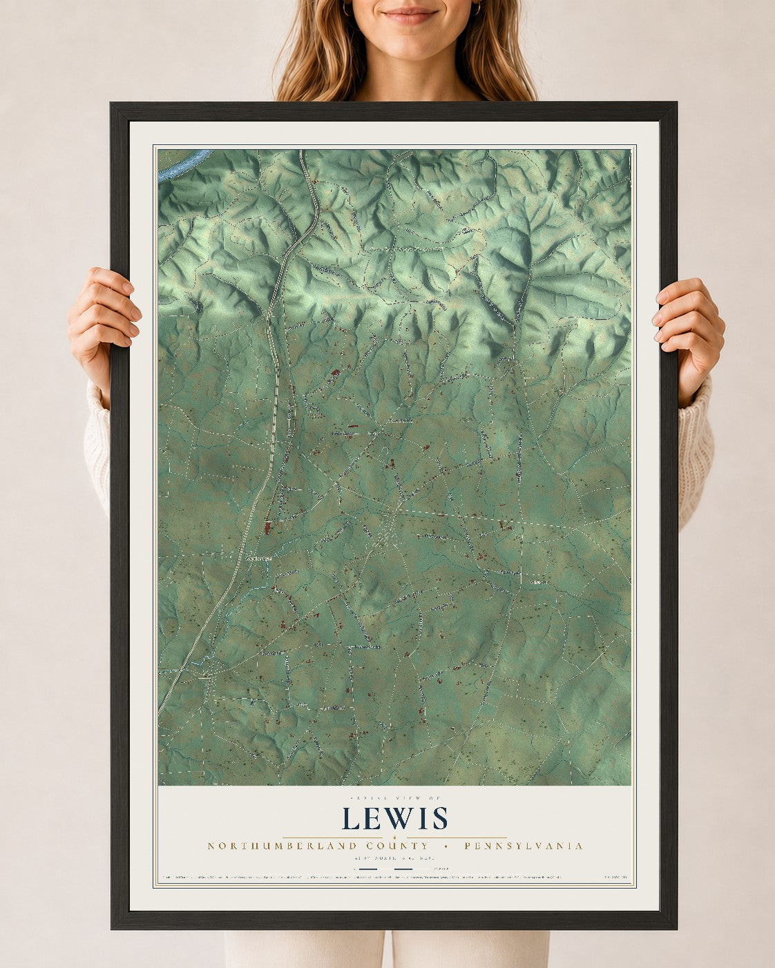 Map of Lewis, Northumberland County, Pennsylvania, 24 x 36 inch print in a black wood frame