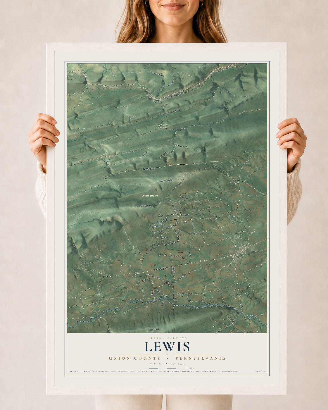 Map of Lewis, Union County, Pennsylvania, 24 x 36 inch print in a white wood frame