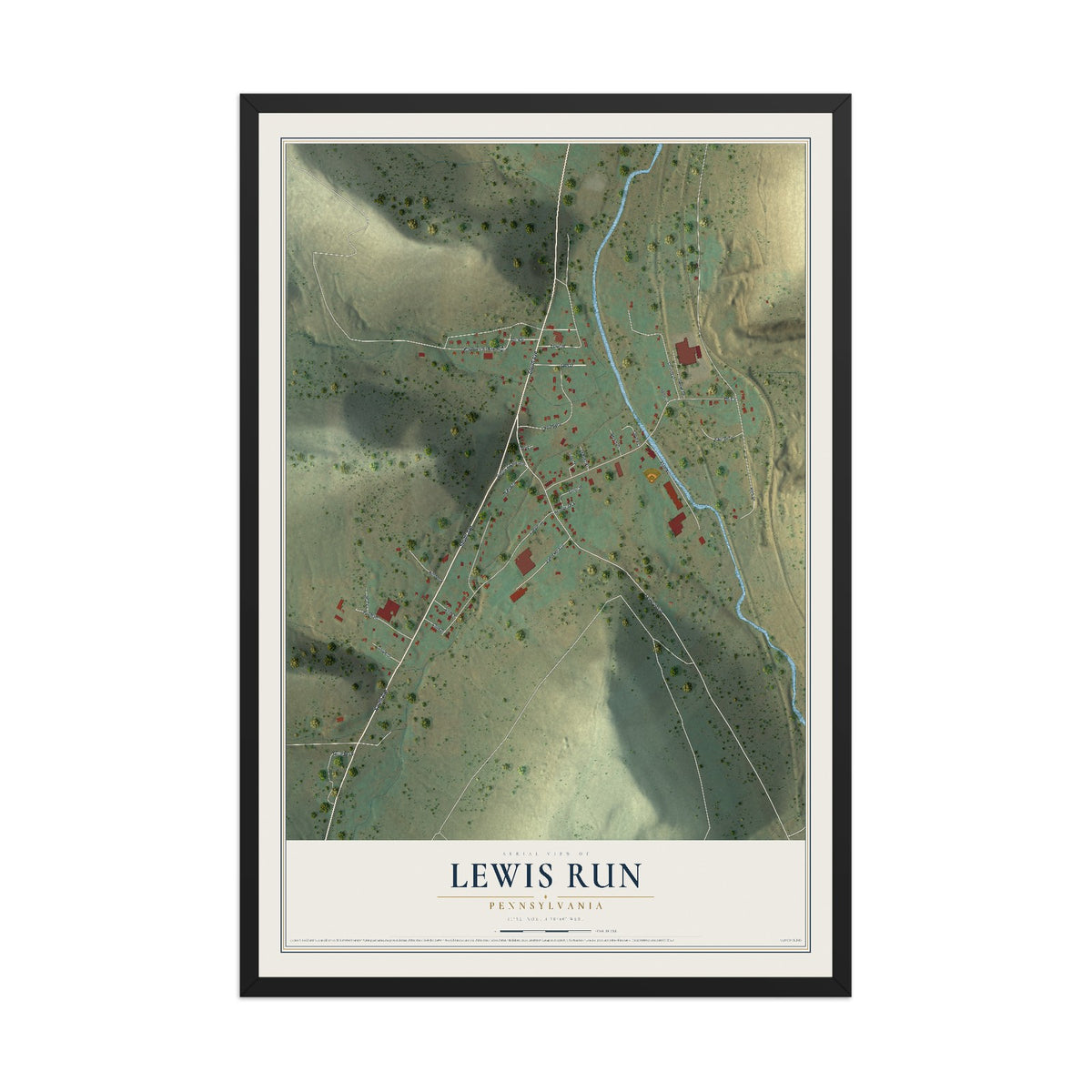 Map of Lewis Run, Pennsylvania, 12 x 18 inch print in a black wood frame
