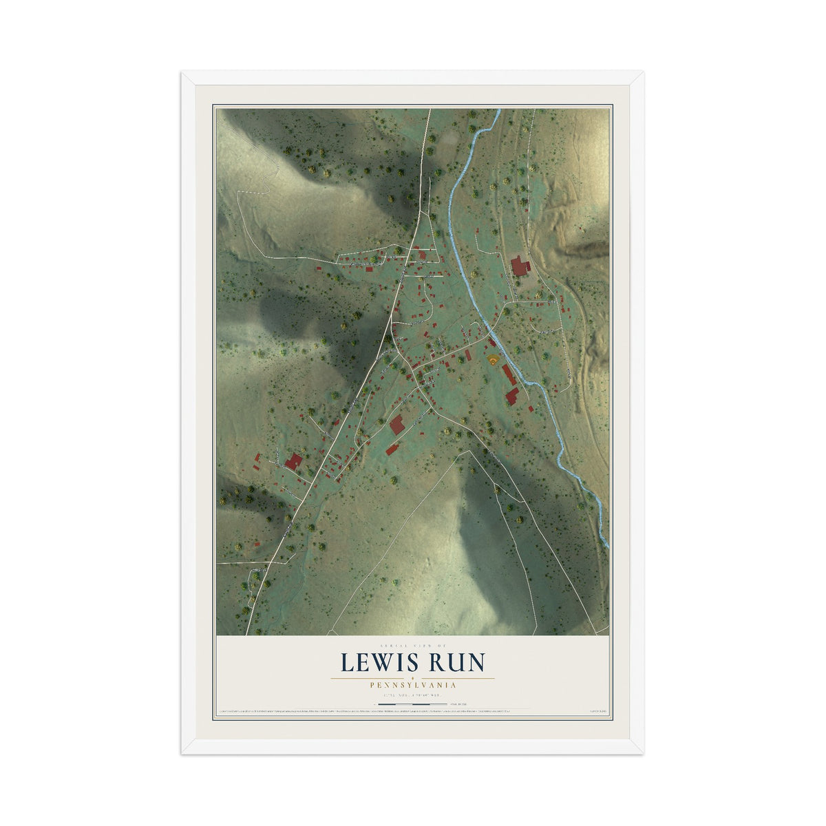 Map of Lewis Run, Pennsylvania, 12 x 18 inch print in a white wood frame
