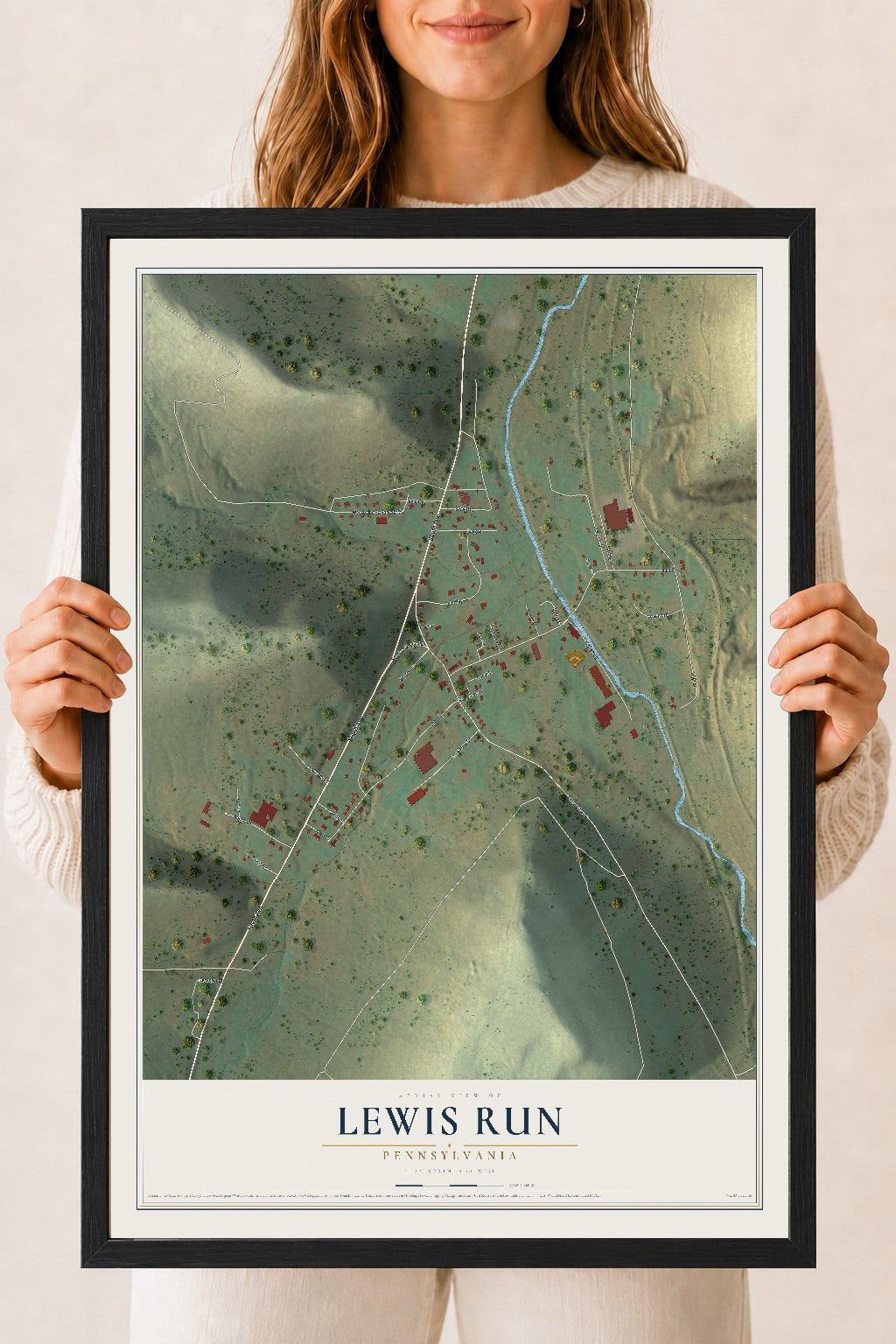 Map of Lewis Run, Pennsylvania, 18 x 24 inch print in a black wood frame