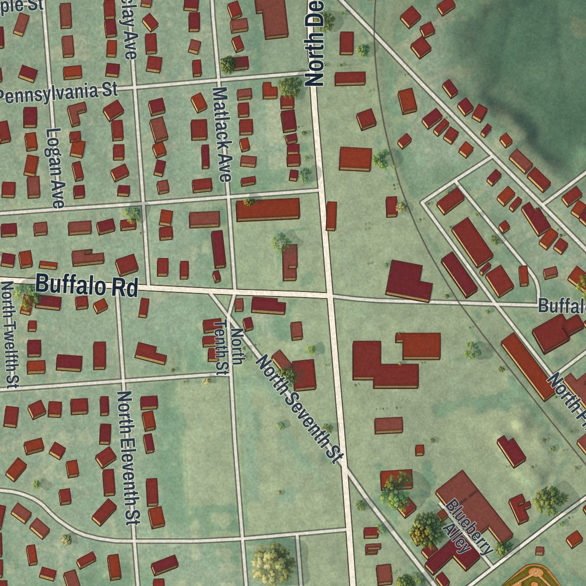 Second close-up of the map of Lewisburg, Pennsylvania print showing more streets and buildings
