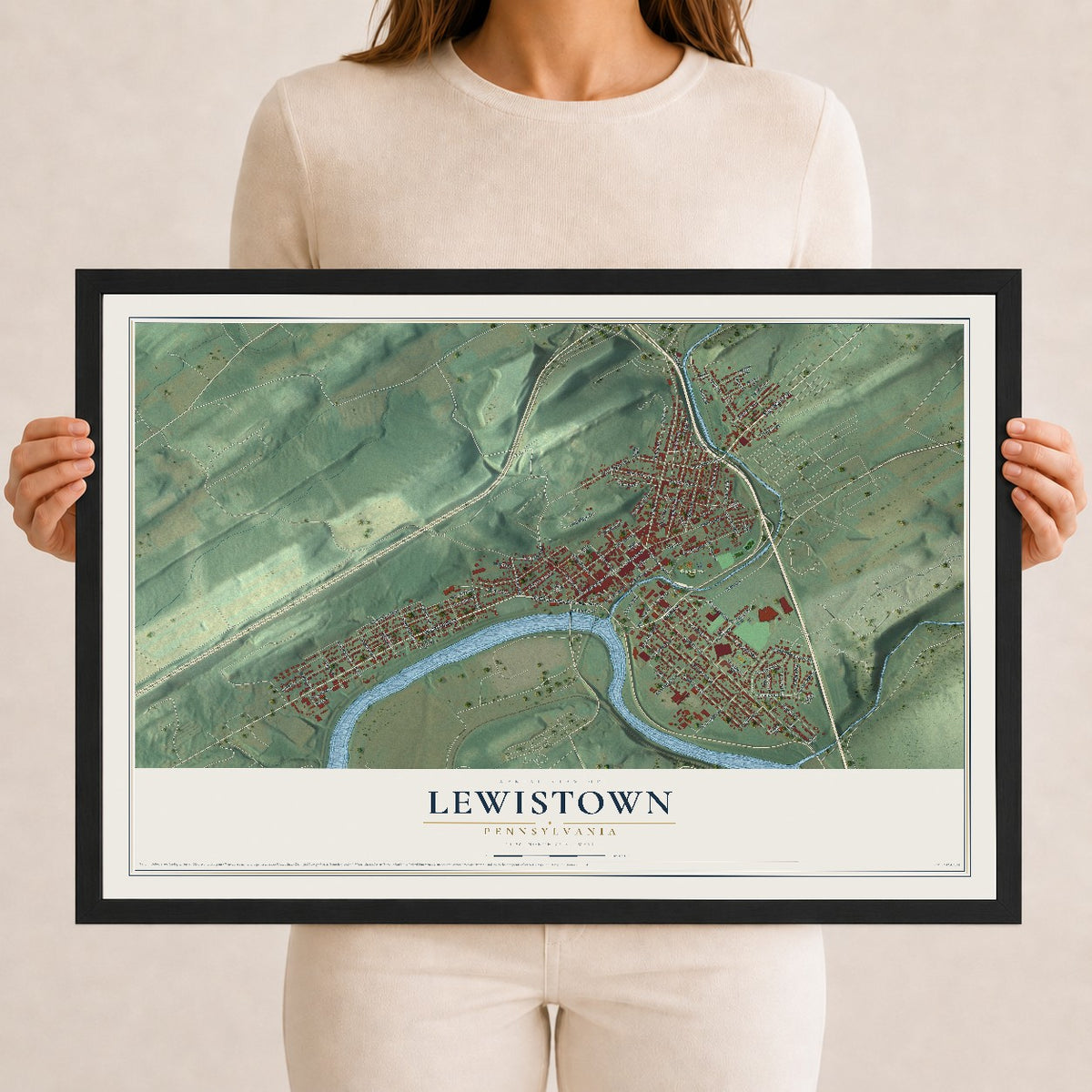 Map of Lewistown, Pennsylvania, 12 x 18 inch print in a black wood frame
