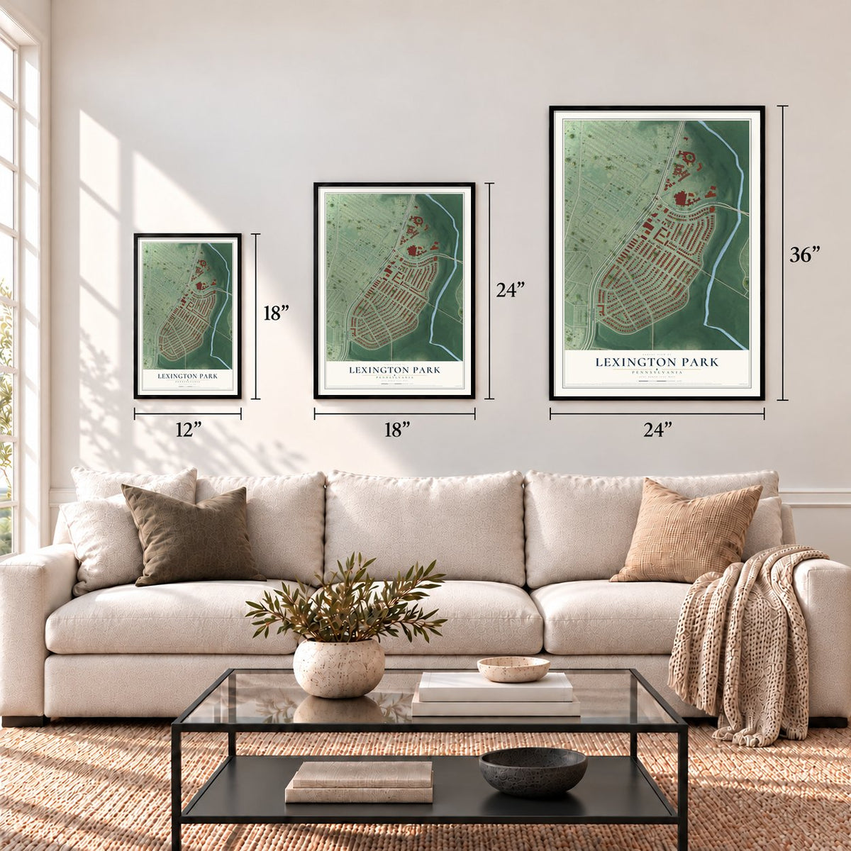 Lexington Park, Pennsylvania map in 12 x 18, 18 x 24 and 24 x 36 inch sizes above a sofa