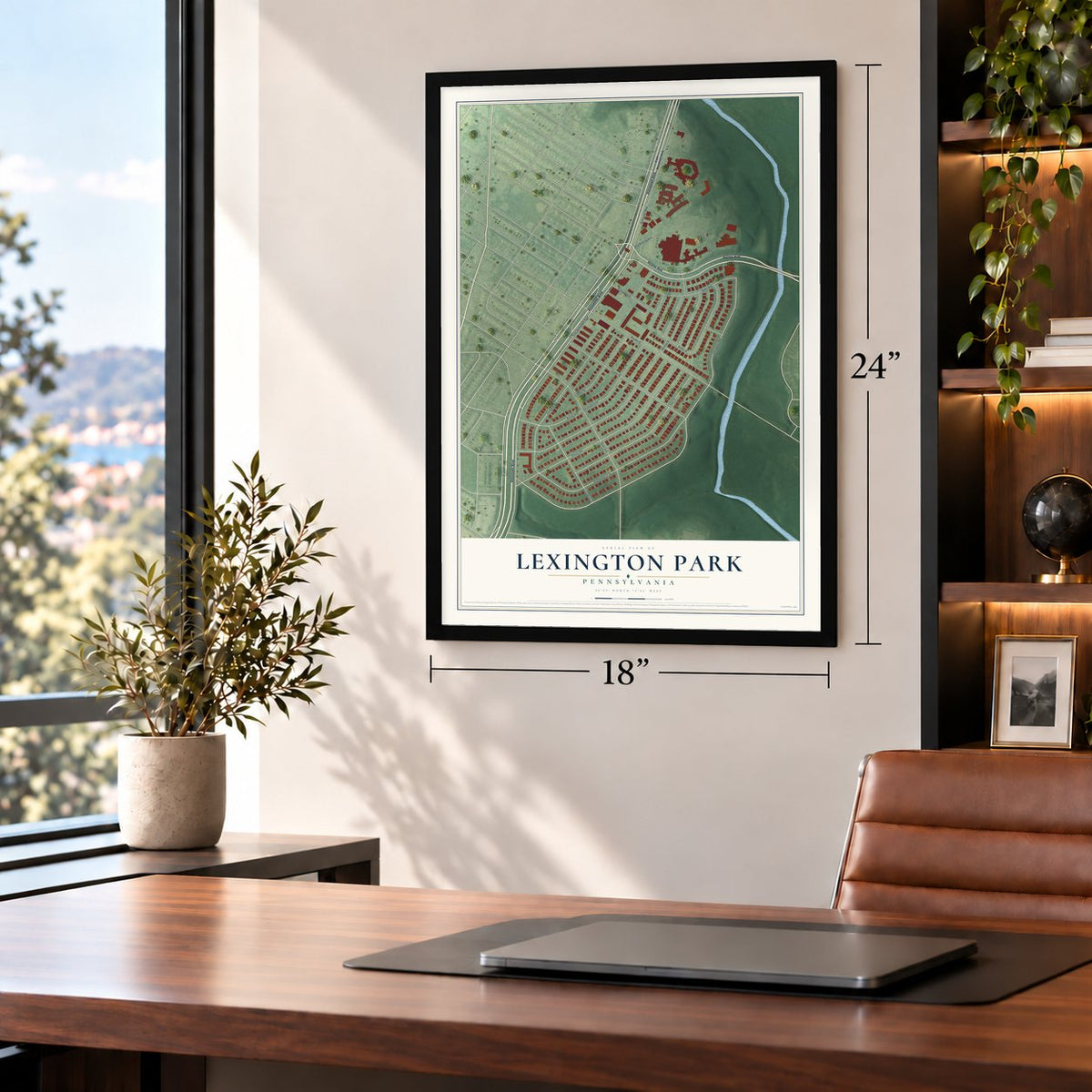 Lexington Park, Pennsylvania map, 18 x 24 inch print in a black frame in a home office