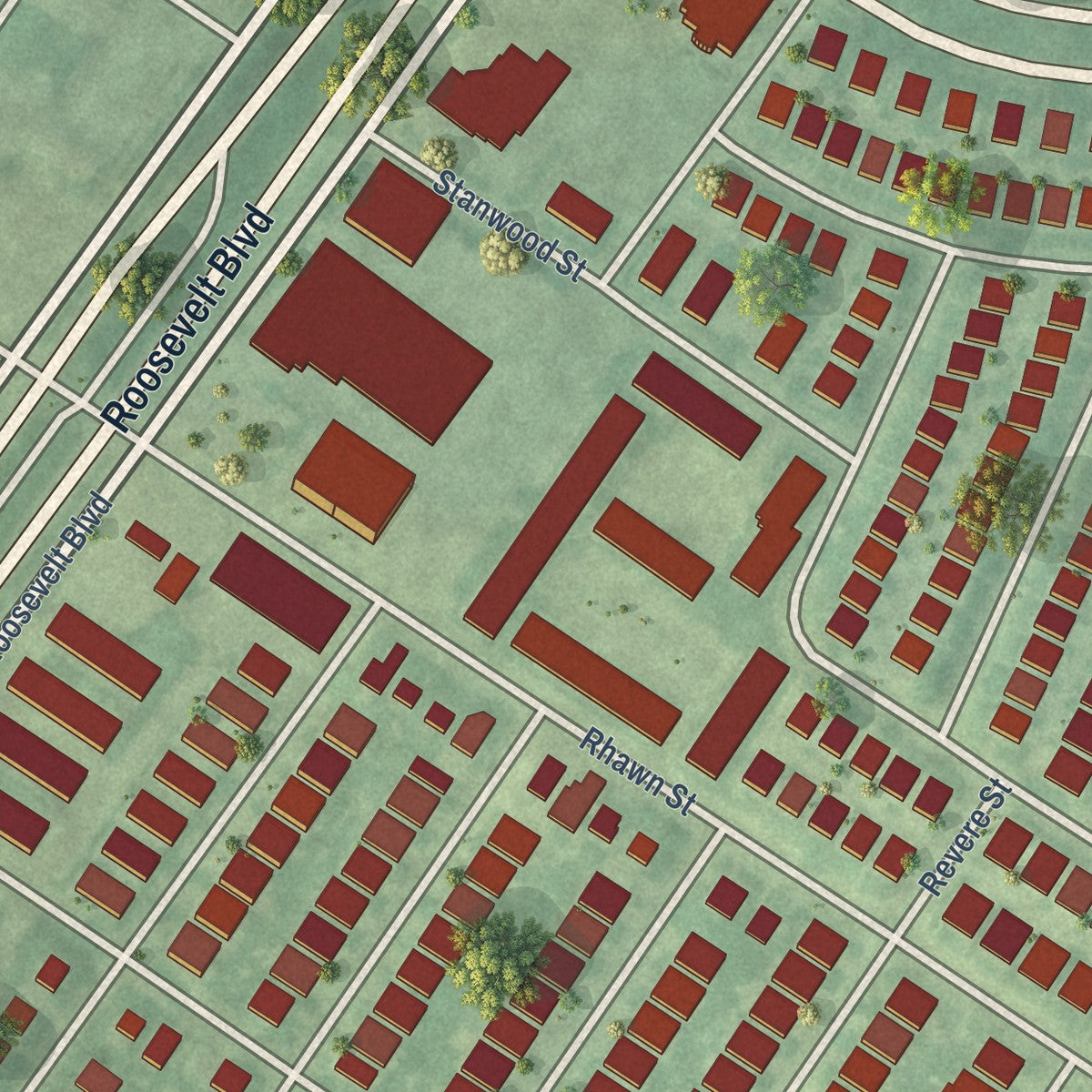 Close-up of the map of Lexington Park, Pennsylvania print showing street and building detail