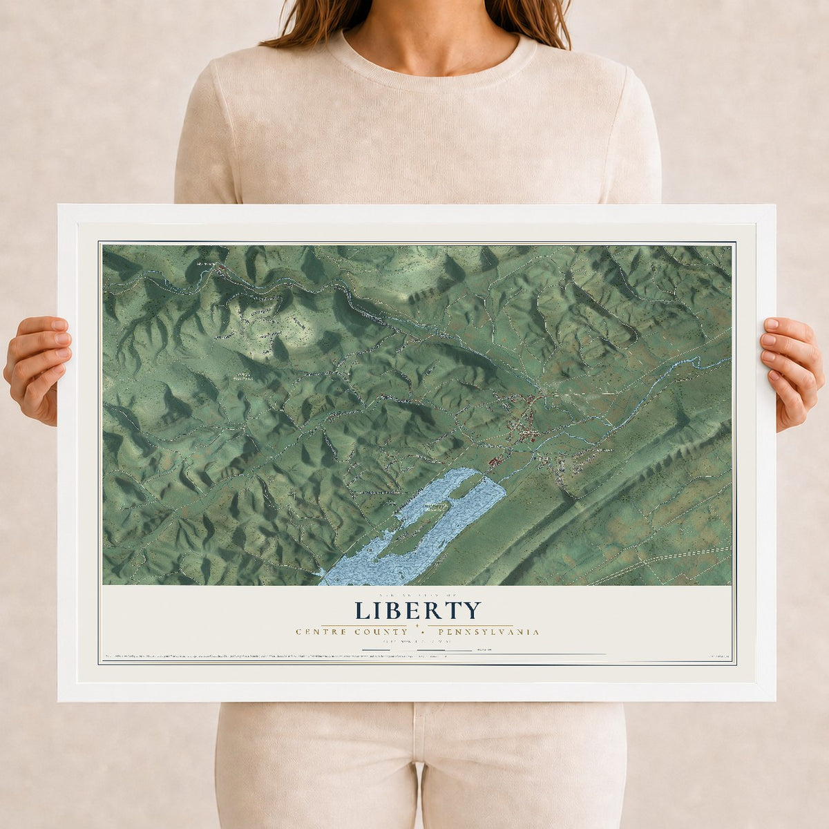 Map of Liberty, Centre County, Pennsylvania, 12 x 18 inch print in a white wood frame