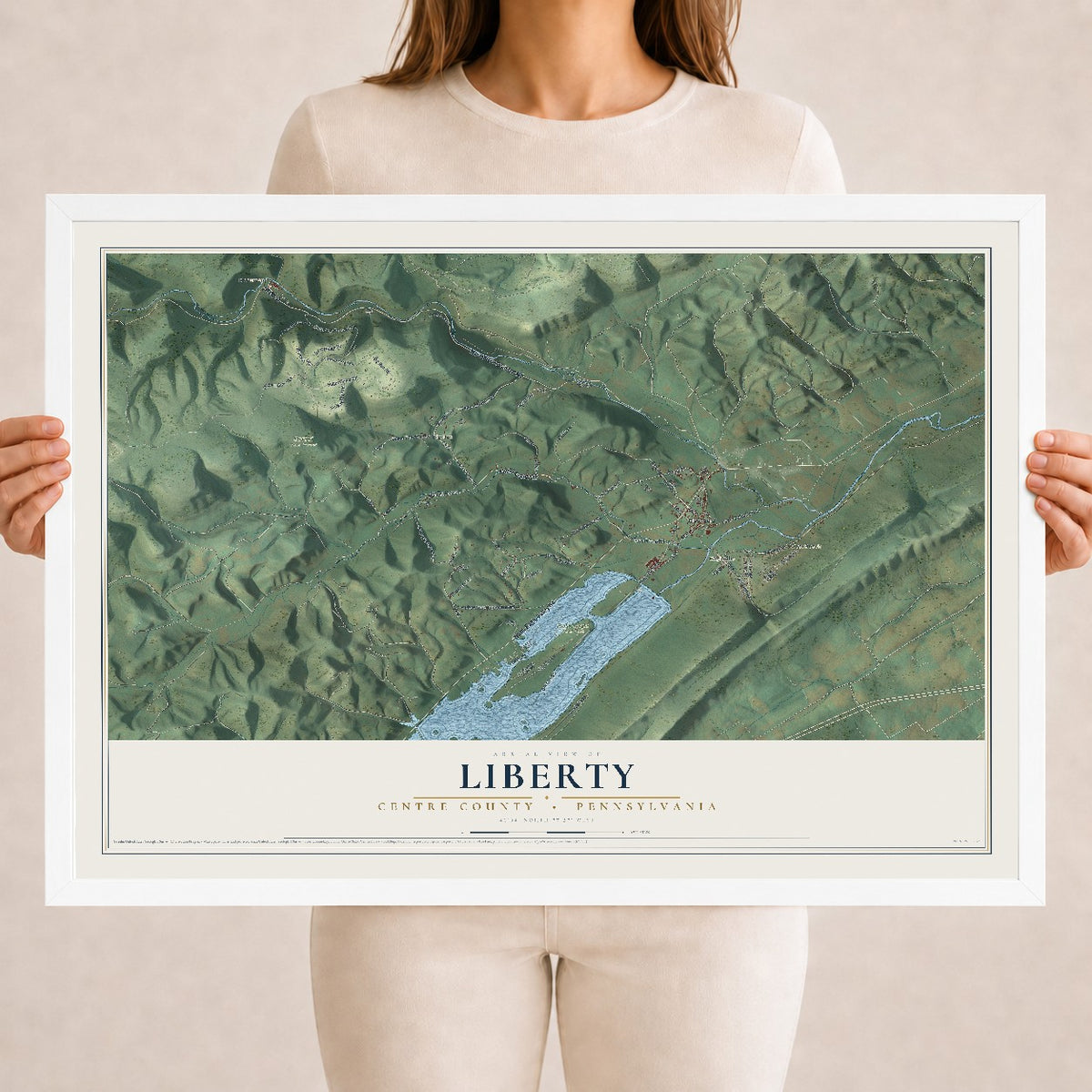 Map of Liberty, Centre County, Pennsylvania, 18 x 24 inch print in a white wood frame
