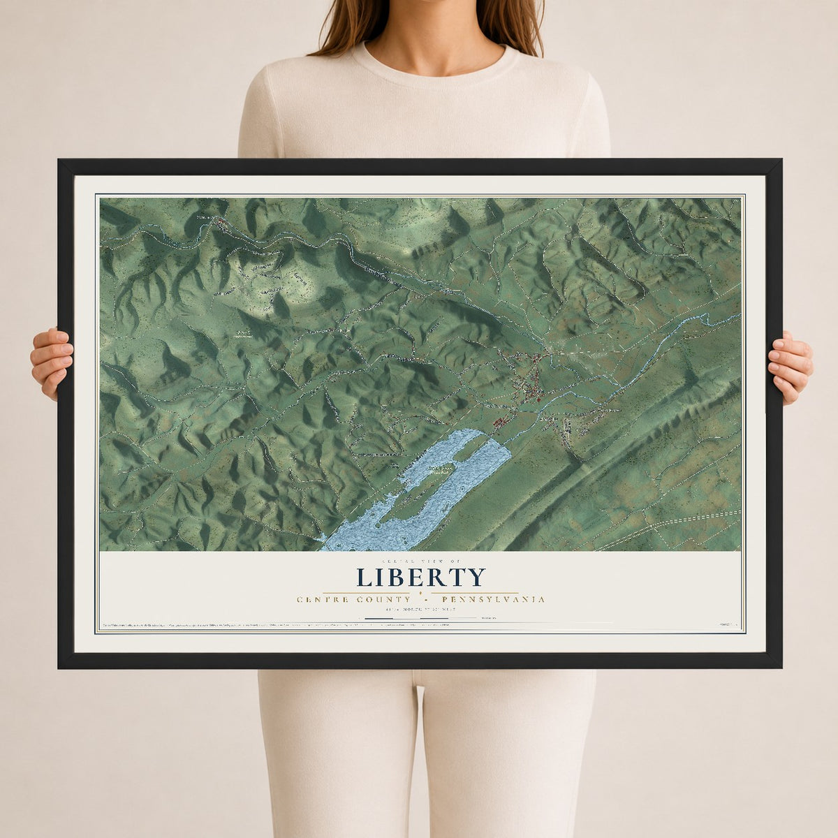 Map of Liberty, Centre County, Pennsylvania, 24 x 36 inch print in a black wood frame