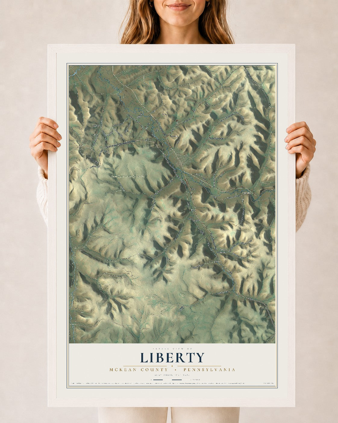 Map of Liberty, McKean County, Pennsylvania, 24 x 36 inch print in a white wood frame