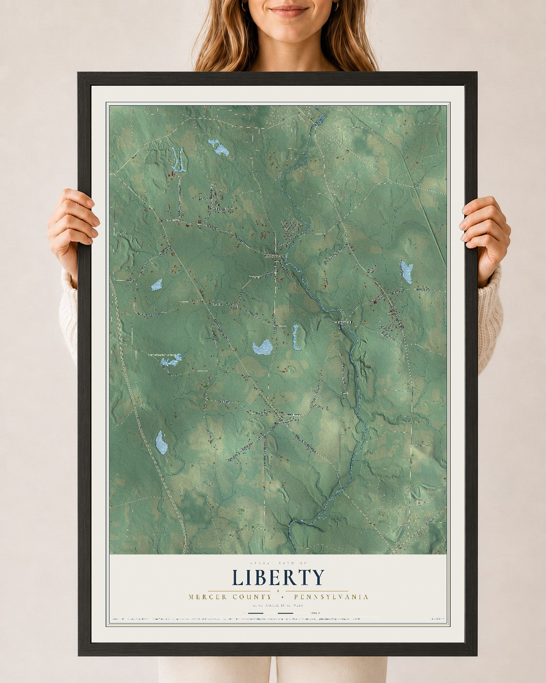 Map of Liberty, Mercer County, Pennsylvania, 24 x 36 inch print in a black wood frame