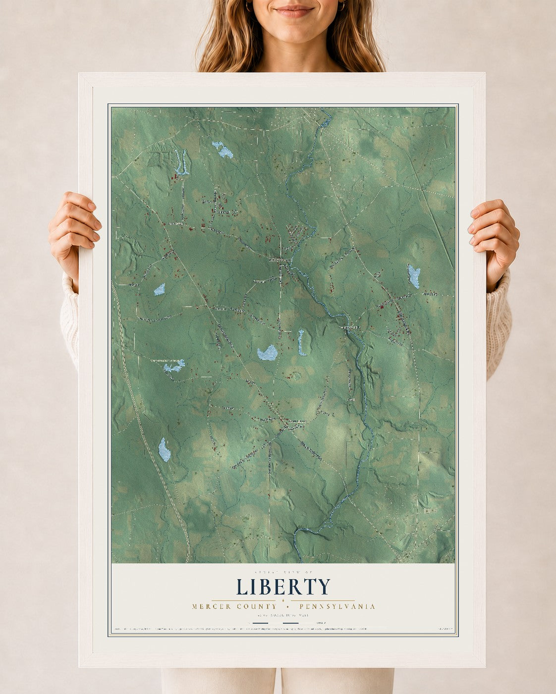 Map of Liberty, Mercer County, Pennsylvania, 24 x 36 inch print in a white wood frame