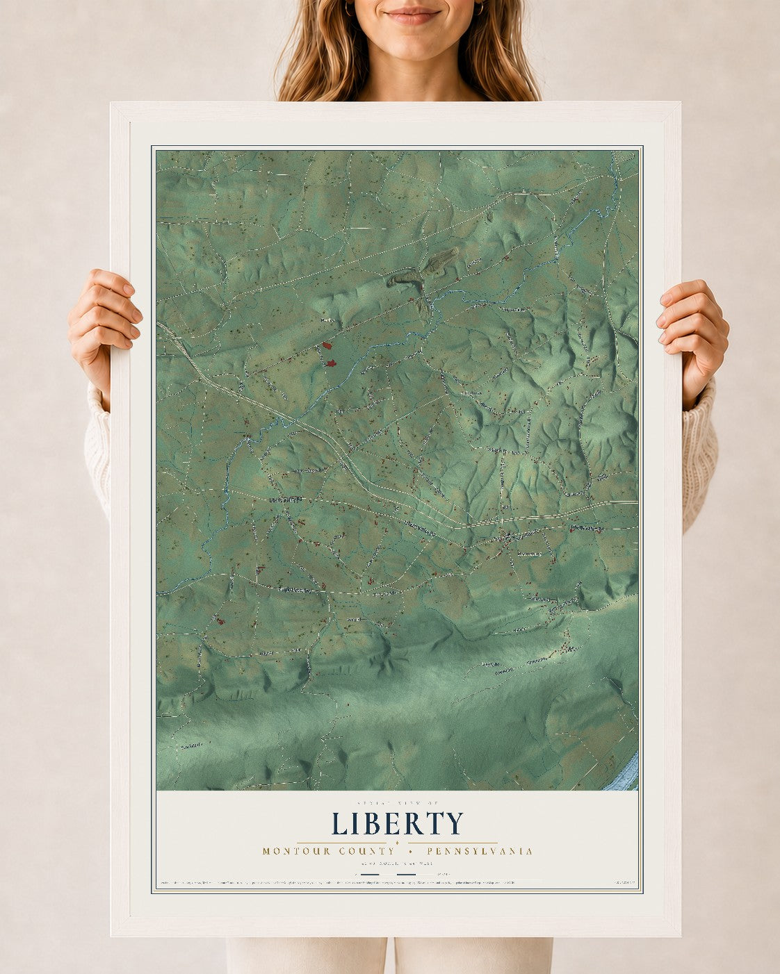 Map of Liberty, Montour County, Pennsylvania, 24 x 36 inch print in a white wood frame