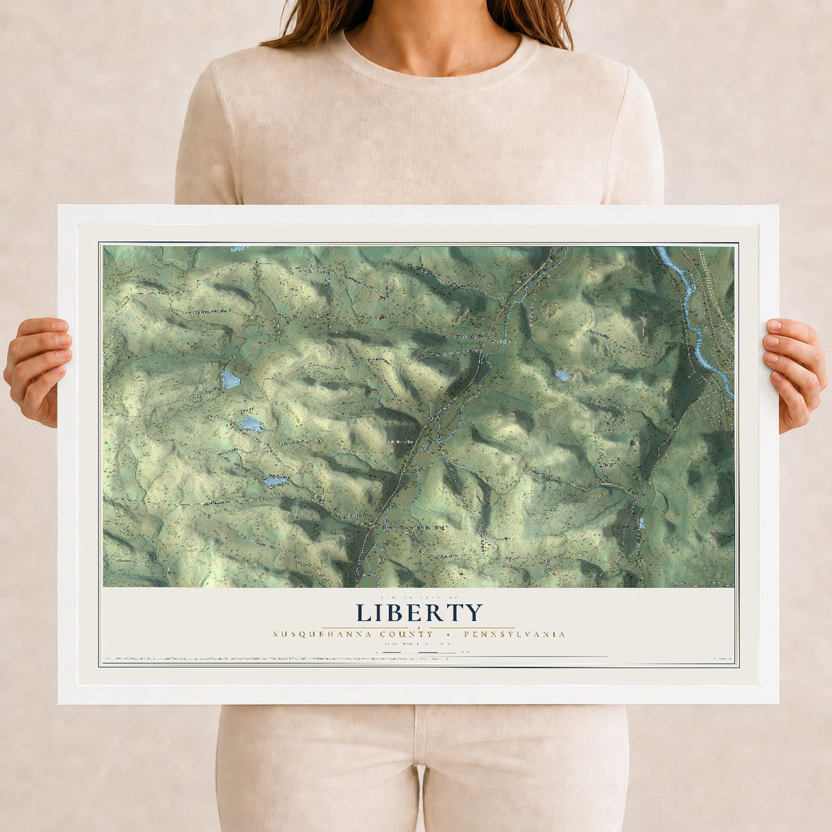Map of Liberty, Susquehanna County, Pennsylvania, 12 x 18 inch print in a white wood frame