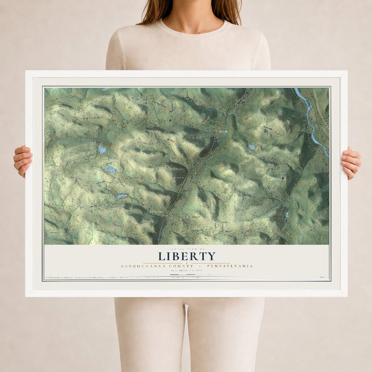 Map of Liberty, Susquehanna County, Pennsylvania, 24 x 36 inch print in a white wood frame