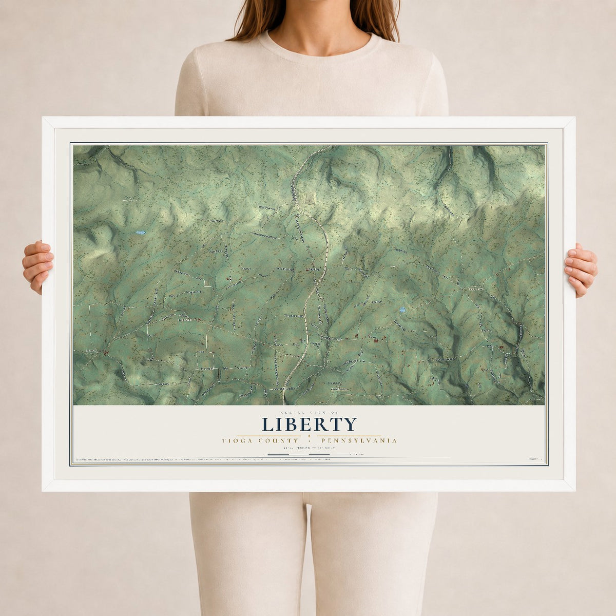 Map of Liberty, Tioga County, Pennsylvania, 24 x 36 inch print in a white wood frame