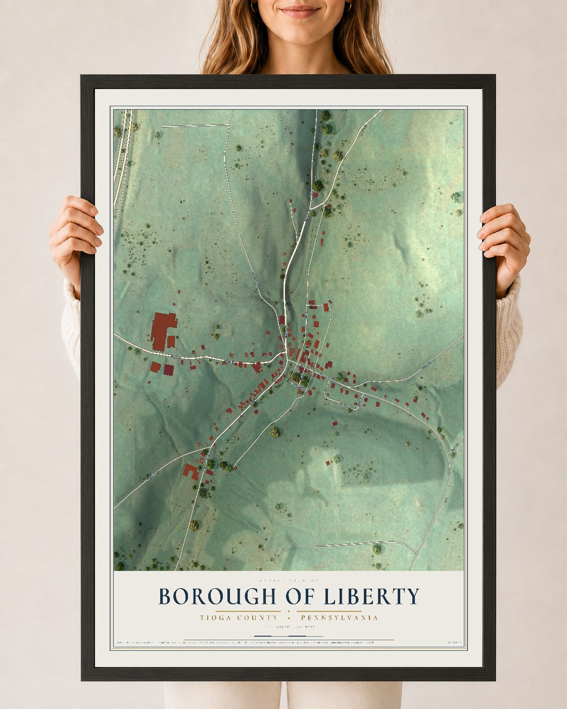 Map of the Borough of Liberty, Tioga County, Pennsylvania, 24 x 36 inch print in a black wood frame