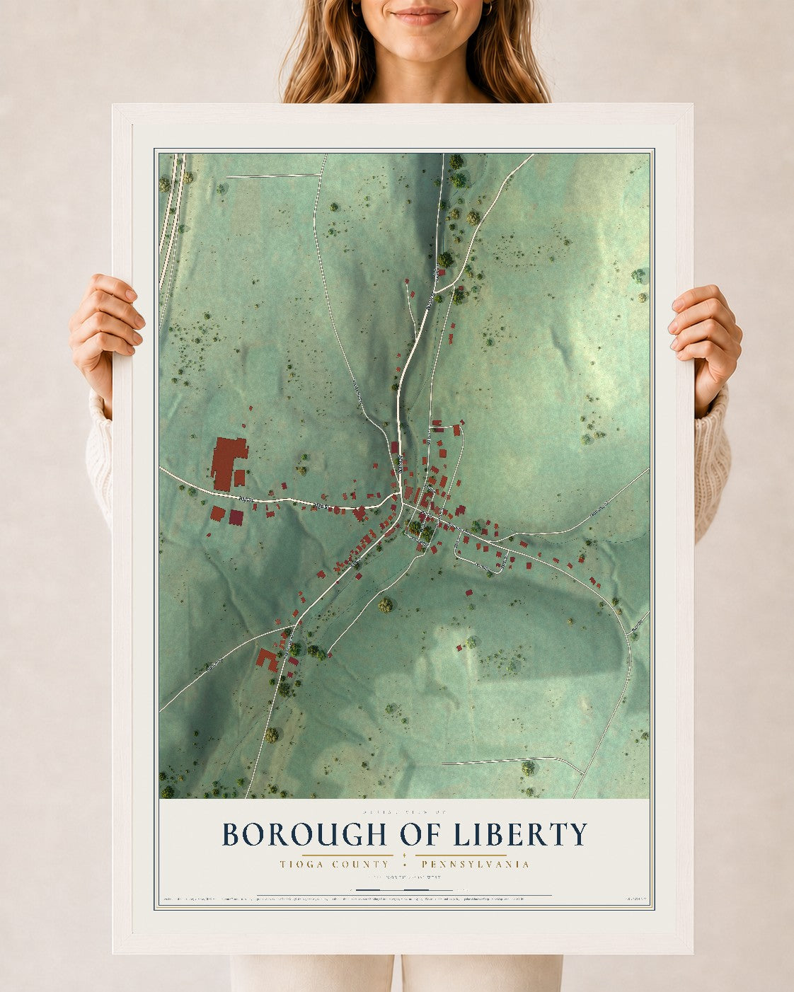 Map of the Borough of Liberty, Tioga County, Pennsylvania, 24 x 36 inch print in a white wood frame