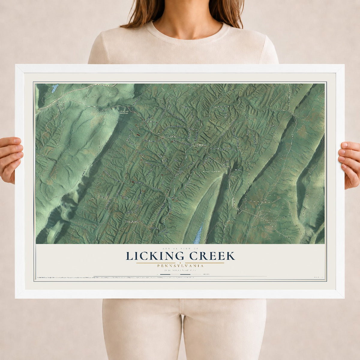 Map of Licking Creek, Pennsylvania, 18 x 24 inch print in a white wood frame