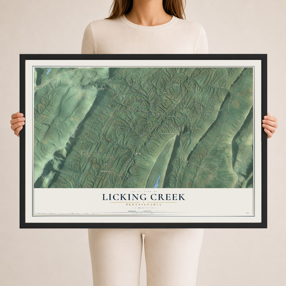 Map of Licking Creek, Pennsylvania, 24 x 36 inch print in a black wood frame