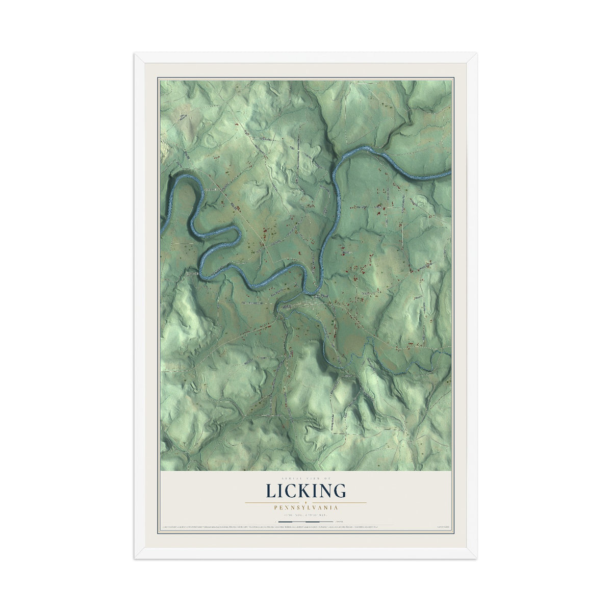 Map of Licking, Pennsylvania, 12 x 18 inch print in a white wood frame