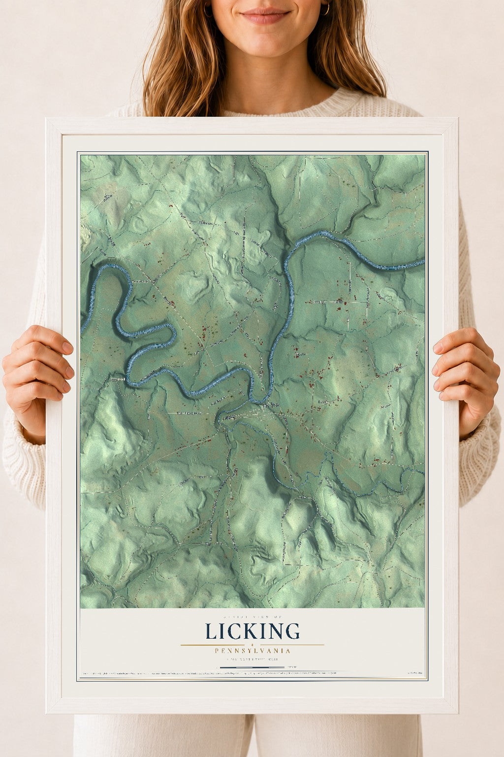 Map of Licking, Pennsylvania, 18 x 24 inch print in a white wood frame