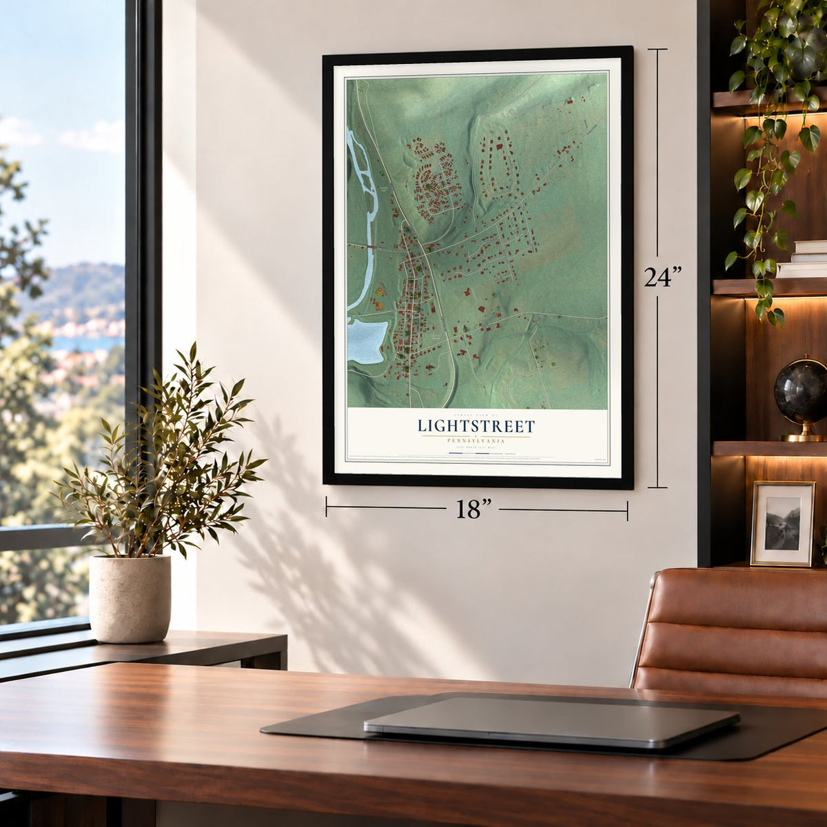 Lightstreet, Pennsylvania map, 18 x 24 inch print in a black frame in a home office