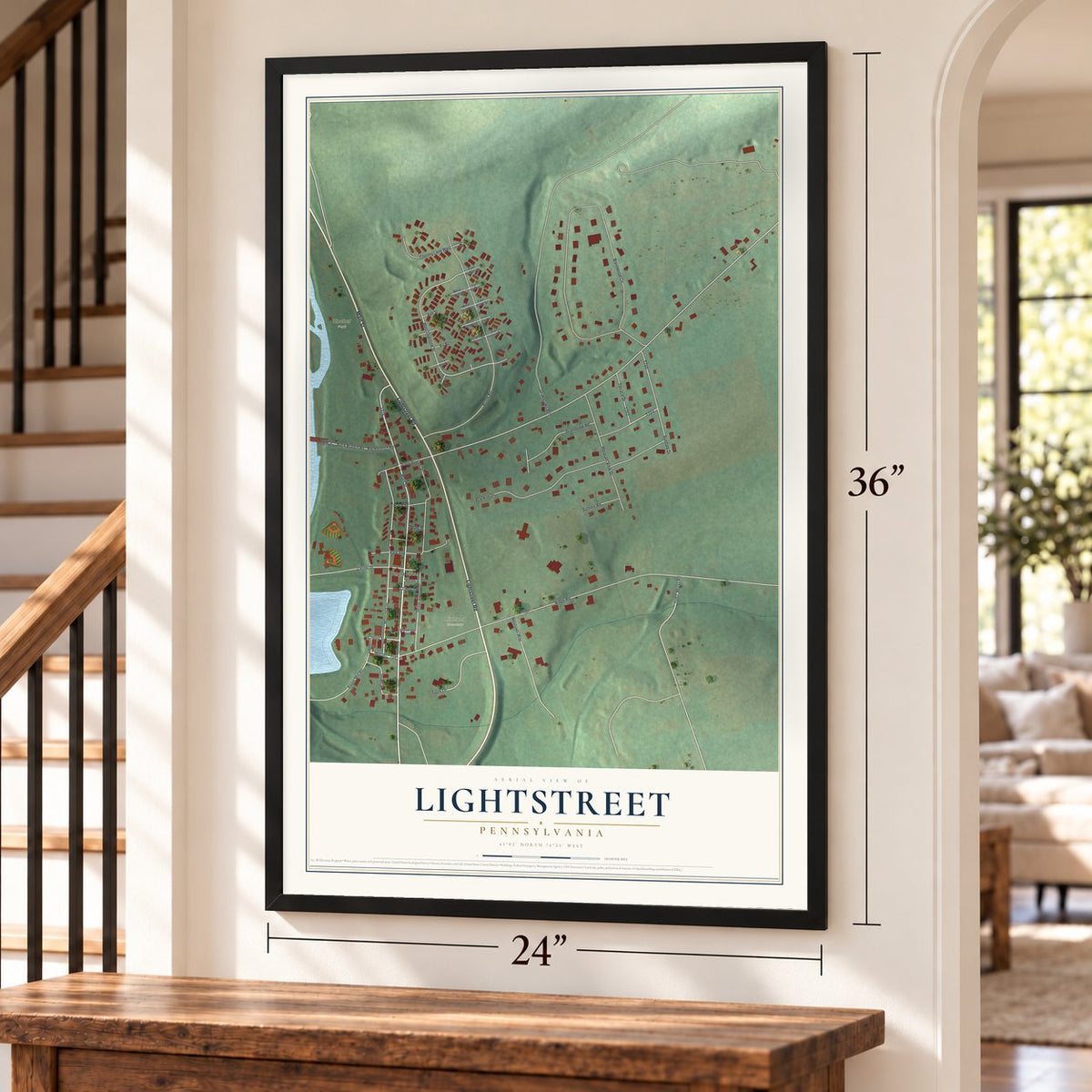 Lightstreet, Pennsylvania map, 24 x 36 inch print in a black frame by a staircase